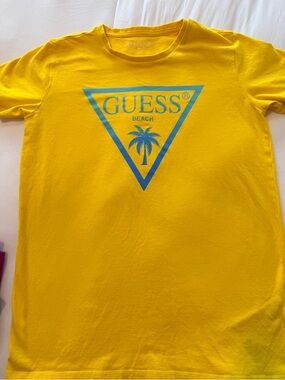 GUESS Yellow Tee with Blue Beach Logo